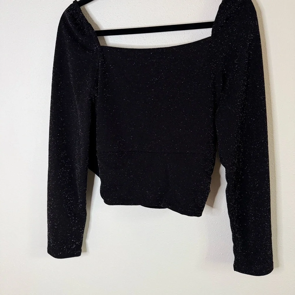 1 State Black Sparkle Square Neck Puff Sleeve Party Top L